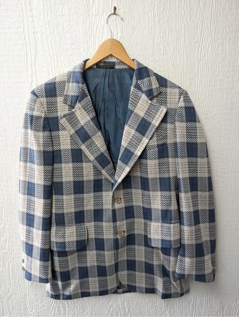 Vintage 70s Sportsman Knits Richman Brothers Blue Plaid Blazer Coat Academia 40L